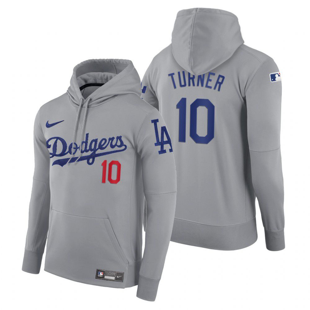 Men Los Angeles Dodgers #10 Turner gray road hoodie 2021 MLB Nike Jerseys->customized mlb jersey->Custom Jersey